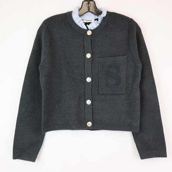 Sandro Sweaters - NWT Sandro Wool Blend Knit Cardigan w/ Detachable Ruffle Collar in Anthracite XS
